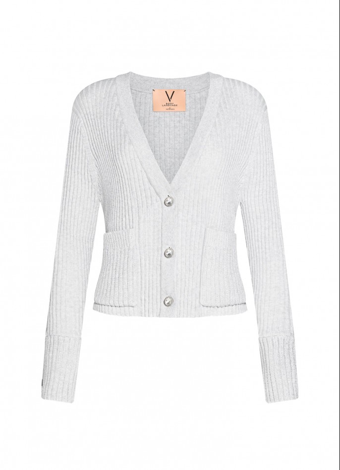 RIBBED KNIT LONG-SLEEVE CARDIGAN WITH DIAMENTÉ BUTTONS - SILVER
